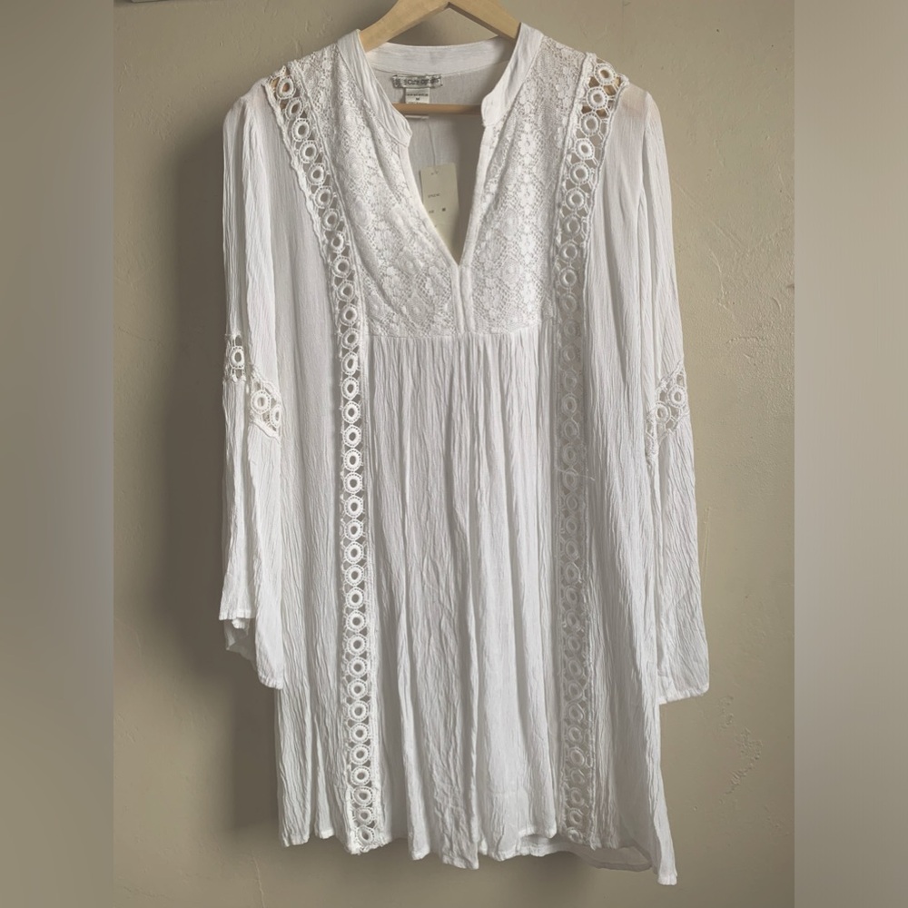 Sheer, white, embroidered mini dress / tunic / swim cover.